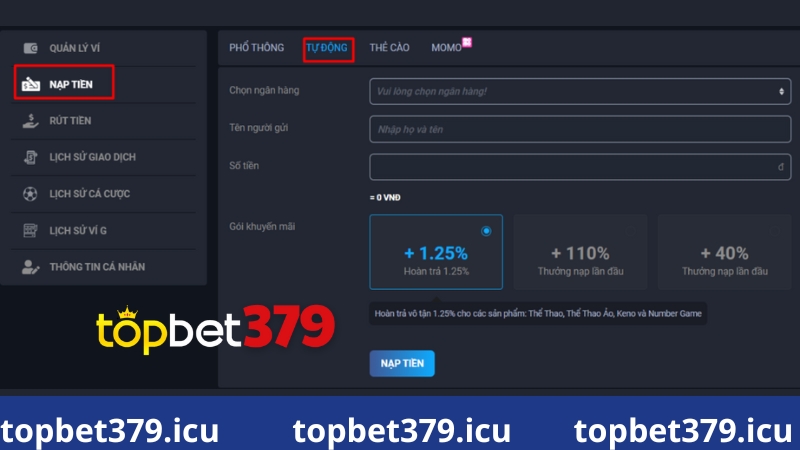 Hướng dẫn nạp tiền topbet379 qua tài khoản ngân hàng