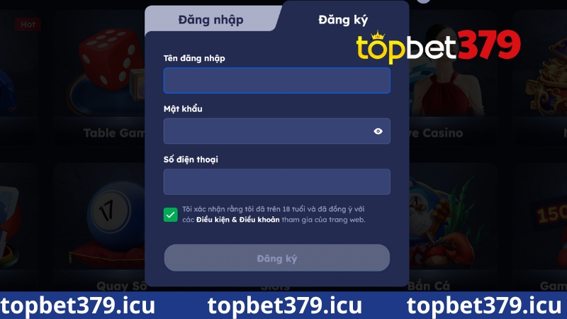 Điền thông tin đăng ký để tạo tài khoản nhà cái Topbet379